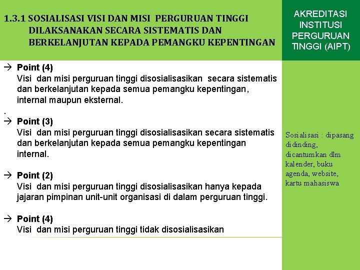 1. 3. 1 SOSIALISASI VISI DAN MISI PERGURUAN TINGGI 1. 1 KEJELASAN, KEREALISTIKAN, DAN