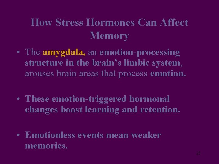 How Stress Hormones Can Affect Memory • The amygdala, an emotion-processing structure in the