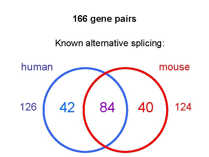 166 gene pairs Known alternative splicing: human 126 mouse 42 84 40 124 
