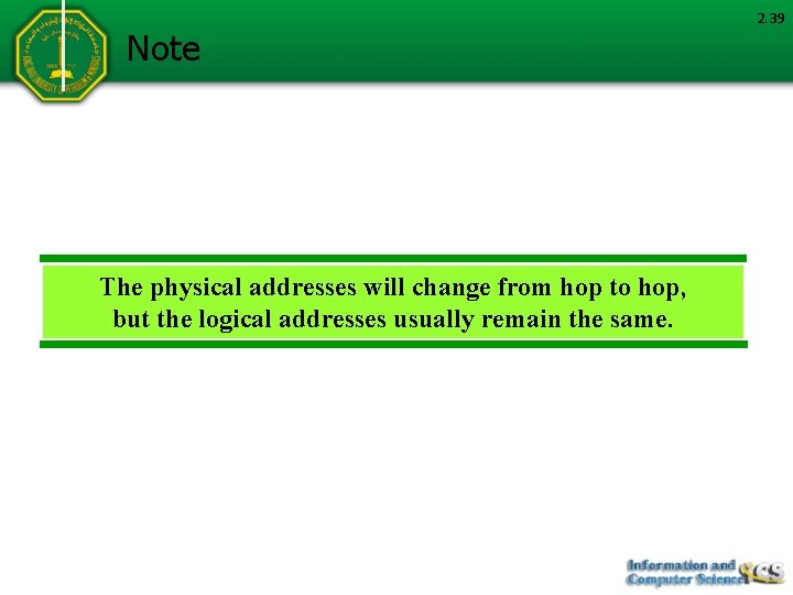 Note The physical addresses will change from hop to hop, but the logical addresses