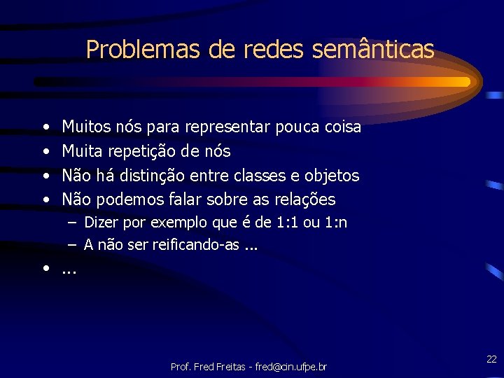 Problemas de redes semânticas • • Muitos nós para representar pouca coisa Muita repetição