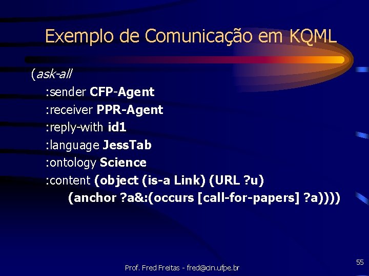 Exemplo de Comunicação em KQML (ask-all : sender CFP-Agent : receiver PPR-Agent : reply-with