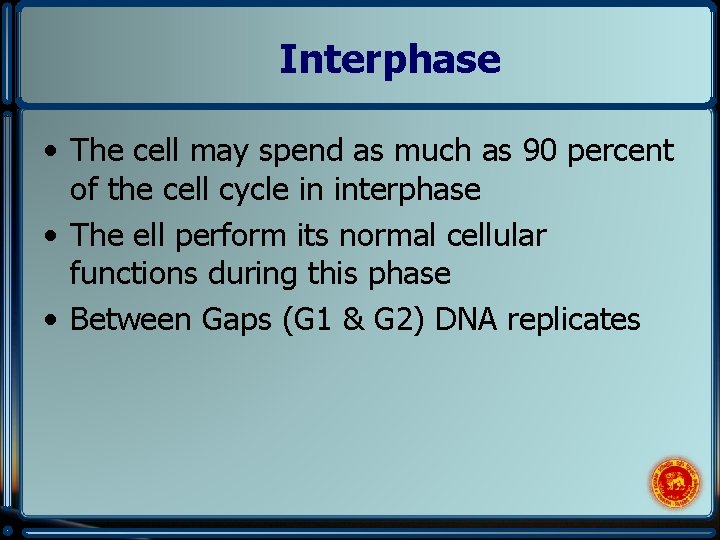 Interphase • The cell may spend as much as 90 percent of the cell