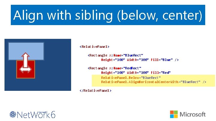 Align with sibling (below, center) <Relative. Panel> <Rectangle x: Name="Blue. Rect" Height="100" Width="100" Fill="Blue"