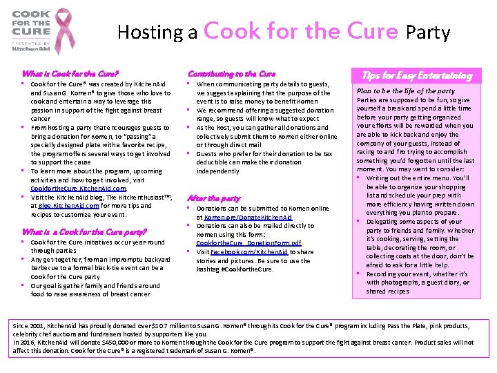 Hosting a Cook for the Cure Party What is Cook for the Cure? • Hosting a Cook for the Cure Party What is Cook for the Cure? •