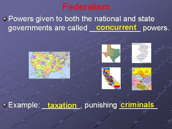 Federalism Powers given to both the national and state concurrent powers. governments are called