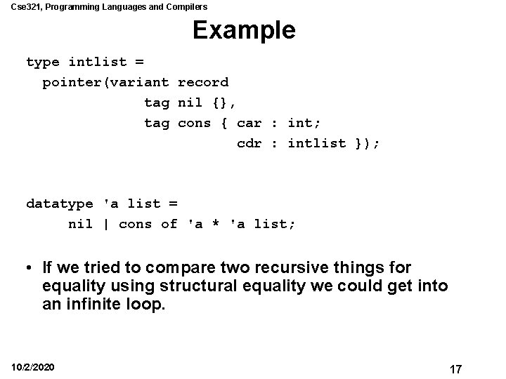 Cse 321, Programming Languages and Compilers Example type intlist = pointer(variant record tag nil Cse 321, Programming Languages and Compilers Example type intlist = pointer(variant record tag nil