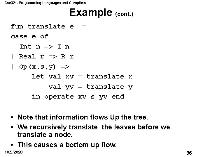 Cse 321, Programming Languages and Compilers Example (cont. ) fun translate e = case Cse 321, Programming Languages and Compilers Example (cont. ) fun translate e = case