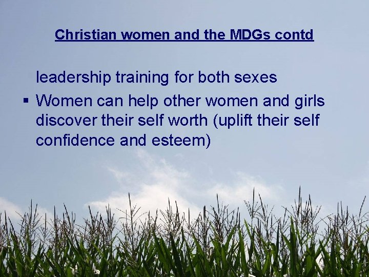 Christian women and the MDGs contd leadership training for both sexes § Women can