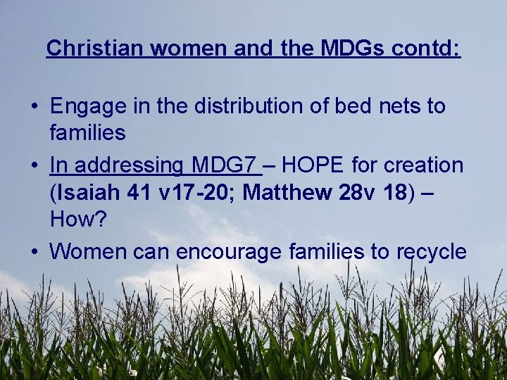 Christian women and the MDGs contd: • Engage in the distribution of bed nets