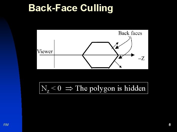 Back-Face Culling Nz < 0 The polygon is hidden RM 5 