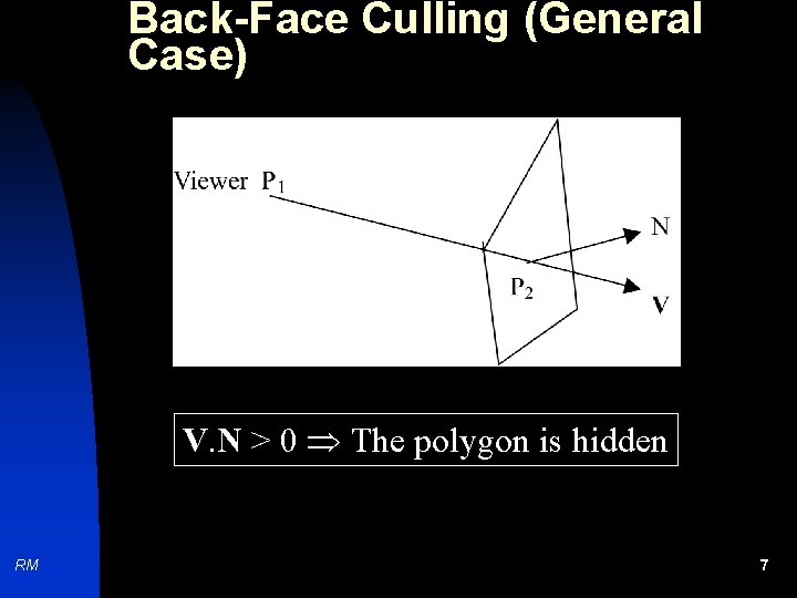 Back-Face Culling (General Case) V. N > 0 The polygon is hidden RM 7