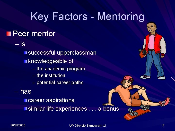 Key Factors - Mentoring Peer mentor – is successful upperclassman knowledgeable of – the Key Factors - Mentoring Peer mentor – is successful upperclassman knowledgeable of – the