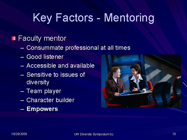 Key Factors - Mentoring Faculty mentor – – – – Consummate professional at all Key Factors - Mentoring Faculty mentor – – – – Consummate professional at all
