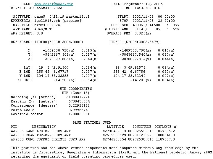 USER: tom. soler@noaa. gov DATE: September 12, 2005 RINEX FILE: manz 3100. 02 USER: tom. soler@noaa. gov DATE: September 12, 2005 RINEX FILE: manz 3100. 02