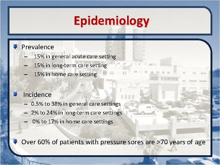  Epidemiology Prevalence – 15% in general acute care setting – 15% in long-term