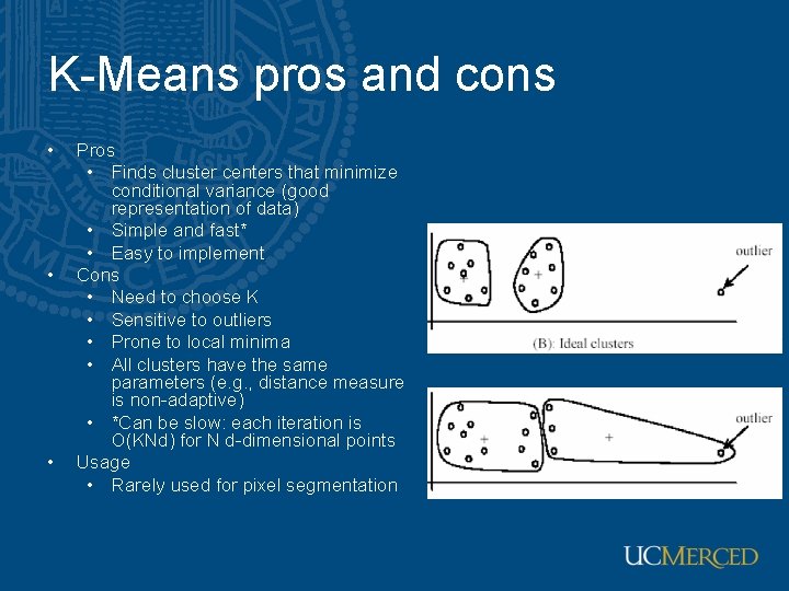 K-Means pros and cons • • • Pros • Finds cluster centers that minimize