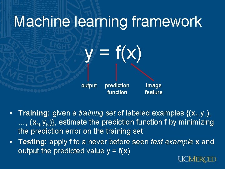 Machine learning framework y = f(x) output prediction function Image feature • Training: given