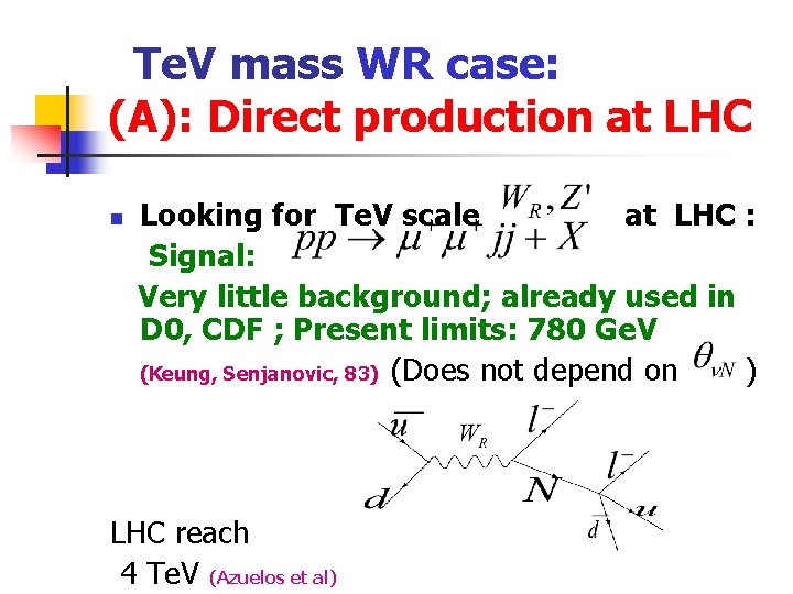 Te. V mass WR case: (A): Direct production at LHC n Looking for Te.
