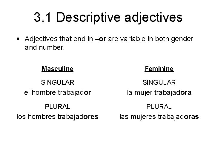 3. 1 Descriptive adjectives § Adjectives that end in –or are variable in both