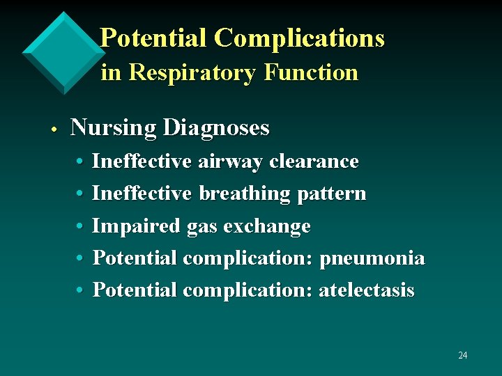 Potential Complications in Respiratory Function • Nursing Diagnoses • • • Ineffective airway clearance