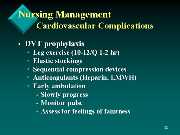 Nursing Management Cardiovascular Complications • DVT prophylaxis • • • Leg exercise (10 -12/Q