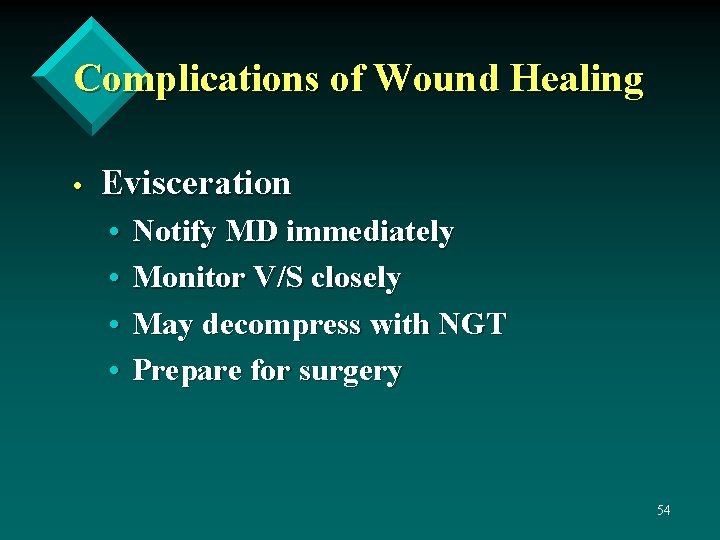Complications of Wound Healing • Evisceration • • Notify MD immediately Monitor V/S closely