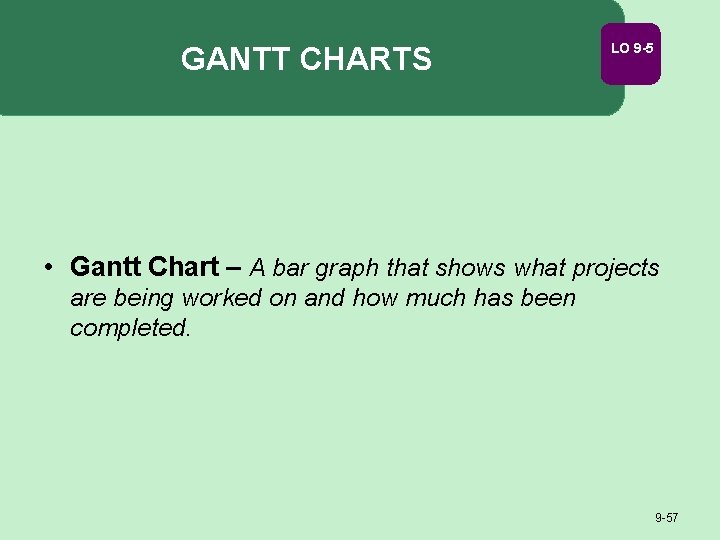 GANTT CHARTS LO 9 -5 • Gantt Chart – A bar graph that shows