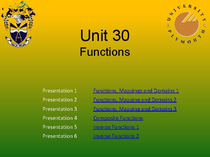 Unit 30 Functions Presentation 1 Functions, Mappings and Domains 1 Presentation 2 Functions, Mapping