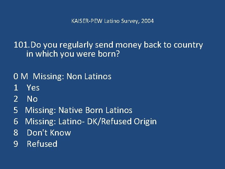 KAISER-PEW Latino Survey, 2004 101. Do you regularly send money back to country in