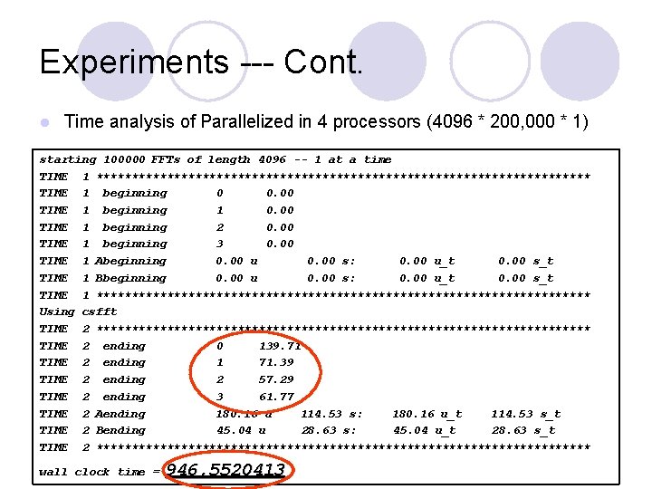 Experiments --- Cont. l Time analysis of Parallelized in 4 processors (4096 * 200,