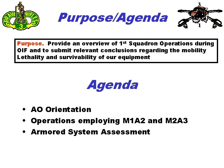 Purpose/Agenda 3 1 Purpose. Provide an overview of 1 st Squadron Operations during OIF