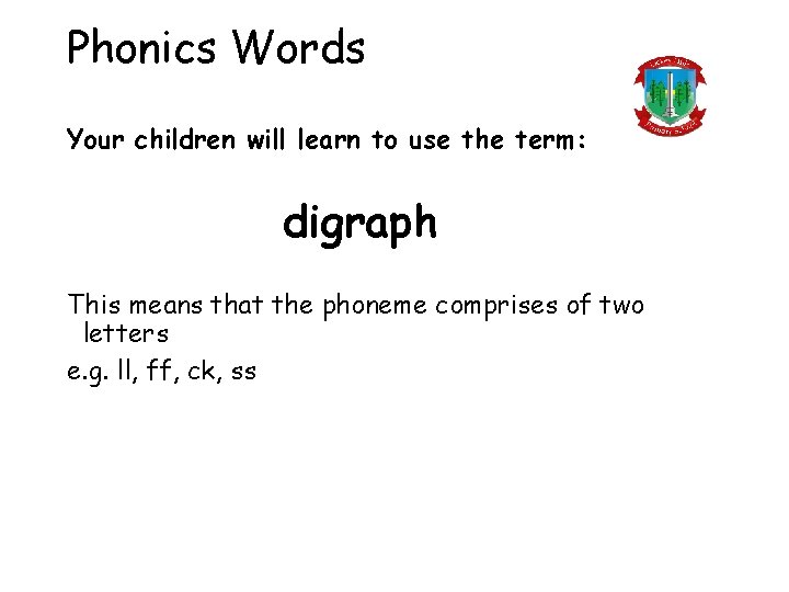 Phonics Words Your children will learn to use the term: digraph This means that