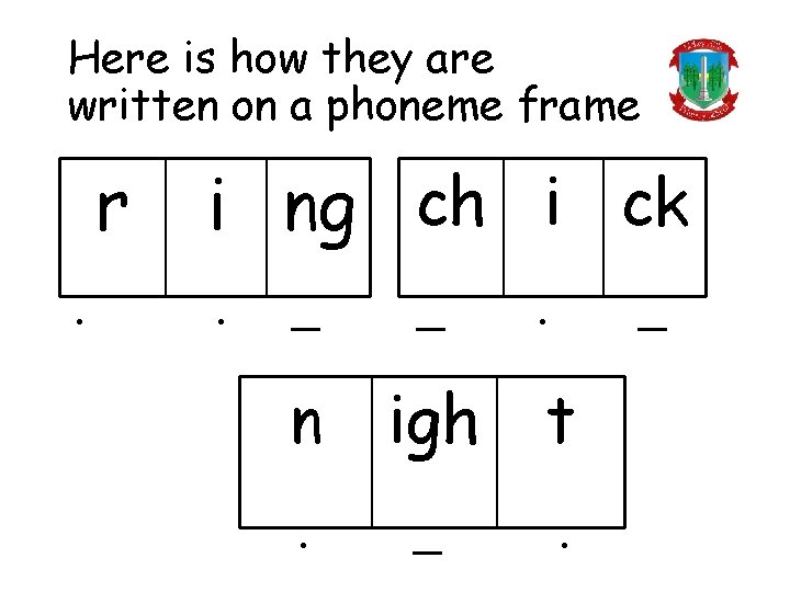 Here is how they are written on a phoneme frame r. i ng ch