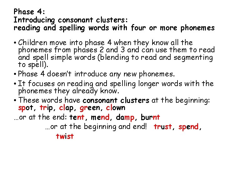 Phase 4: Introducing consonant clusters: reading and spelling words with four or more phonemes