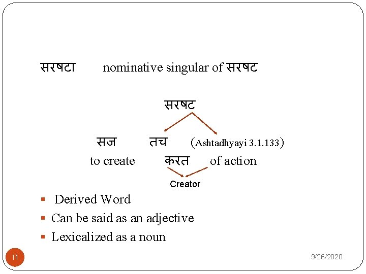 सरषट nominative singular of सरषट सज तच (Ashtadhyayi 3. 1. 133) to create करत