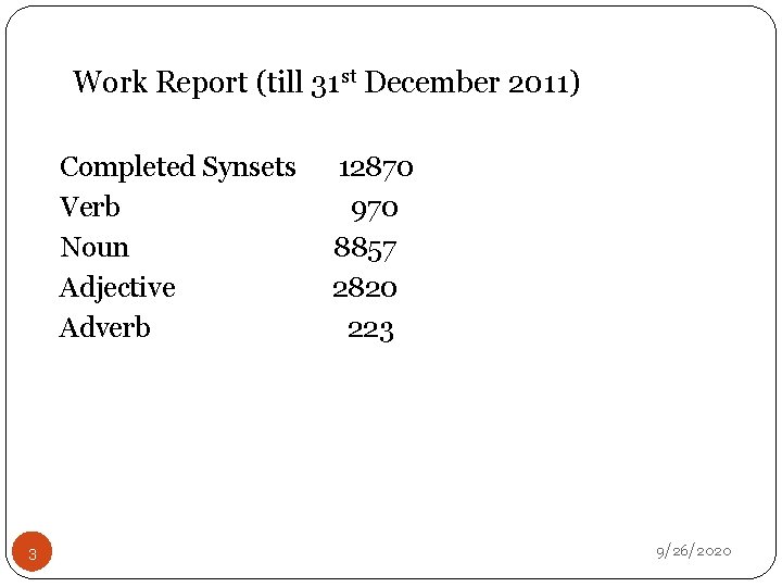 Work Report (till 31 st December 2011) Completed Synsets 12870 Verb 970 Noun 8857