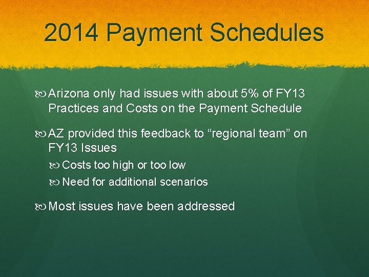 2014 Payment Schedules Arizona only had issues with about 5% of FY 13 Practices