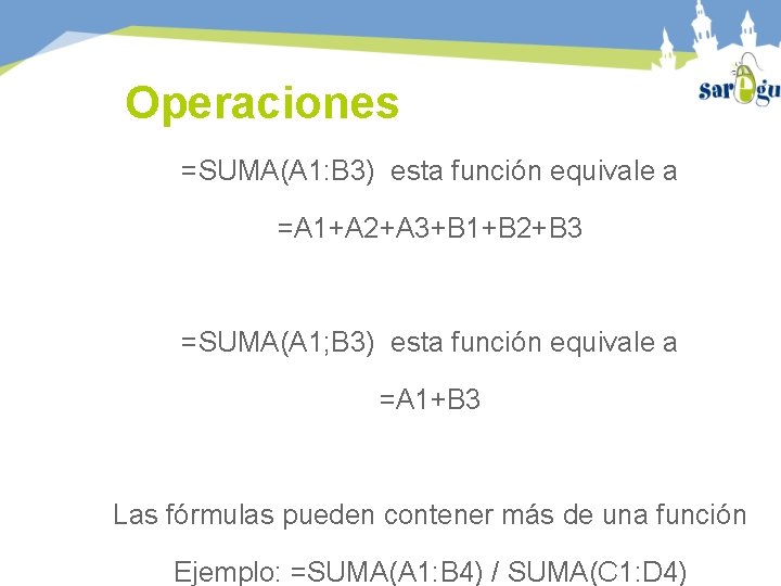 Operaciones =SUMA(A 1: B 3) esta función equivale a =A 1+A 2+A 3+B 1+B