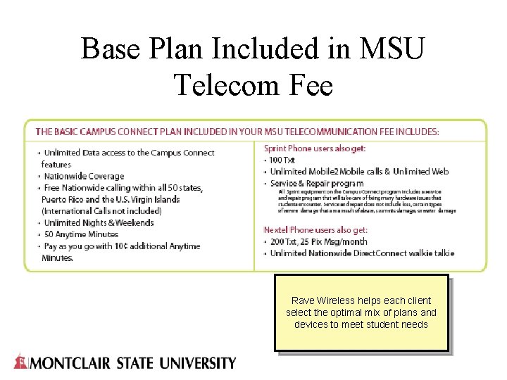 Base Plan Included in MSU Telecom Fee Rave Wireless helps each client select the