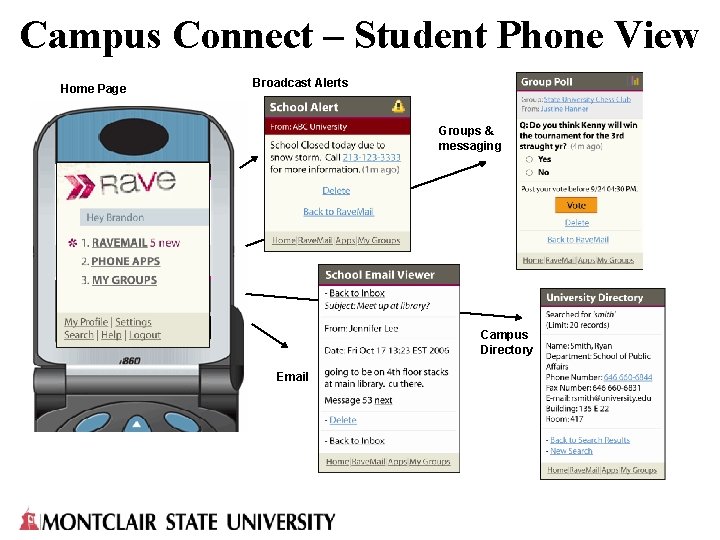 Campus Connect – Student Phone View Home Page Broadcast Alerts Groups & messaging Campus