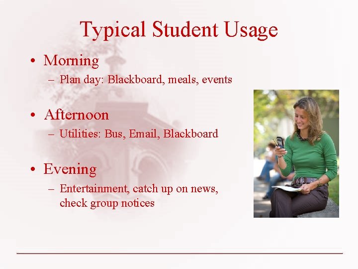 Typical Student Usage • Morning – Plan day: Blackboard, meals, events • Afternoon –