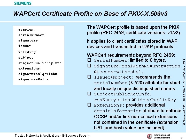 WAPCertificate Profile on Base of PKIX-X. 509 v 3 serial. Number signature issuer validity