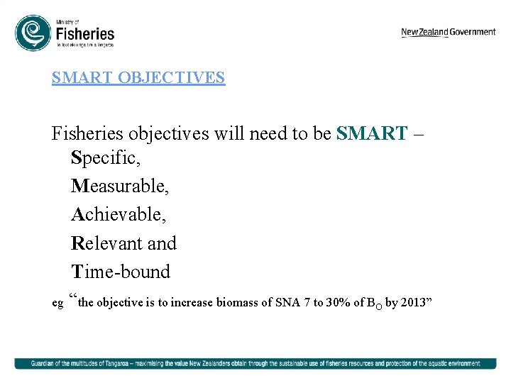 SMART OBJECTIVES Fisheries objectives will need to be SMART – Specific, Measurable, Achievable, Relevant