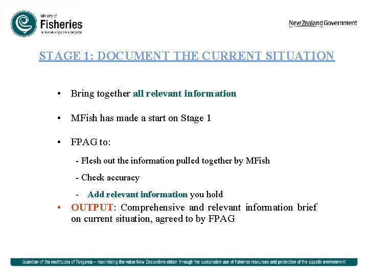 STAGE 1: DOCUMENT THE CURRENT SITUATION • Bring together all relevant information • MFish