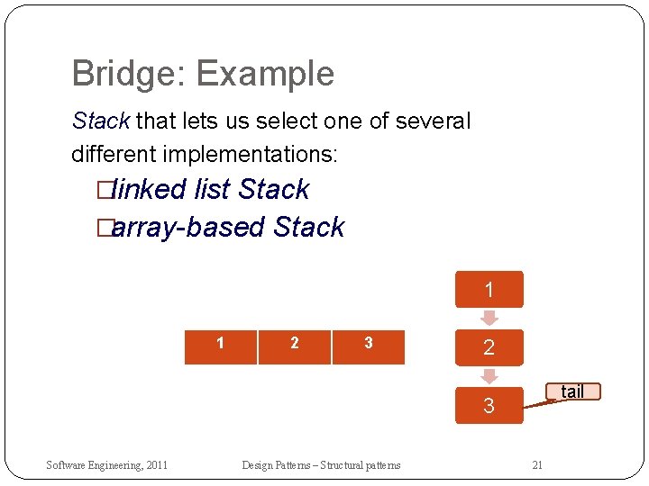 Bridge: Example Stack that lets us select one of several different implementations: �linked list