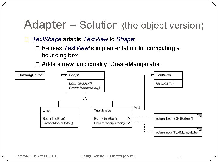 Adapter – Solution (the object version) � Text. Shape adapts Text. View to Shape: