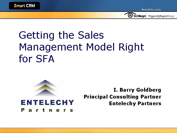 Getting the Sales Management Model Right for SFA I. Barry Goldberg Principal Consulting Partner