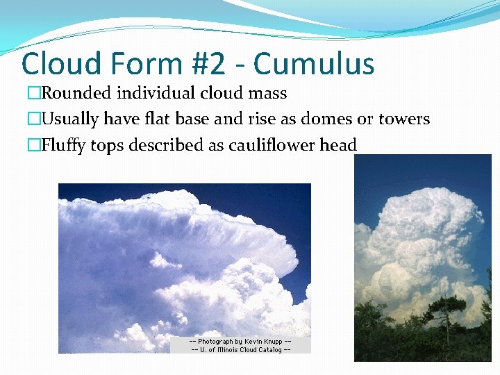 Cloud Form #2 - Cumulus �Rounded individual cloud mass �Usually have flat base and