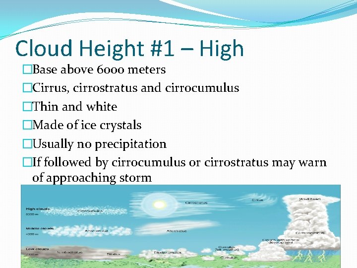 Cloud Height #1 – High �Base above 6000 meters �Cirrus, cirrostratus and cirrocumulus �Thin